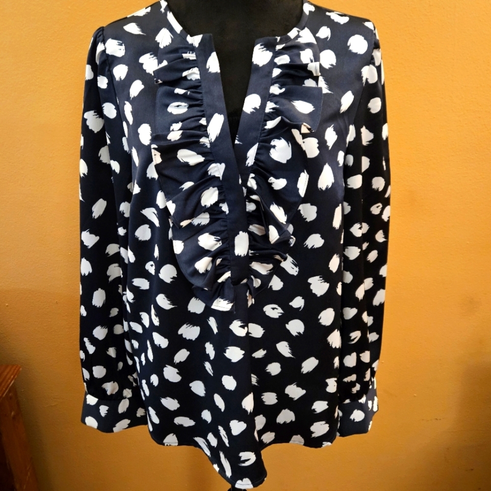 J. Crew Navy Blue and White Ruffled Blouse